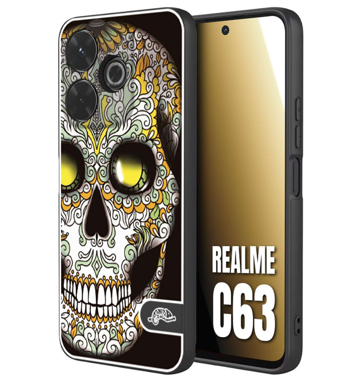 CUSTOMIZZA - Custodia cover nera morbida in tpu compatibile per Realme C63 teschio messicano Mexican skull bianco verde giallo