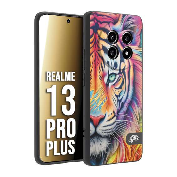 CUSTOMIZZA - Custodia cover nera morbida in tpu compatibile per Realme 13 PRO PLUS animali color tigre tiger viso colori vibranti disegnato schizzo