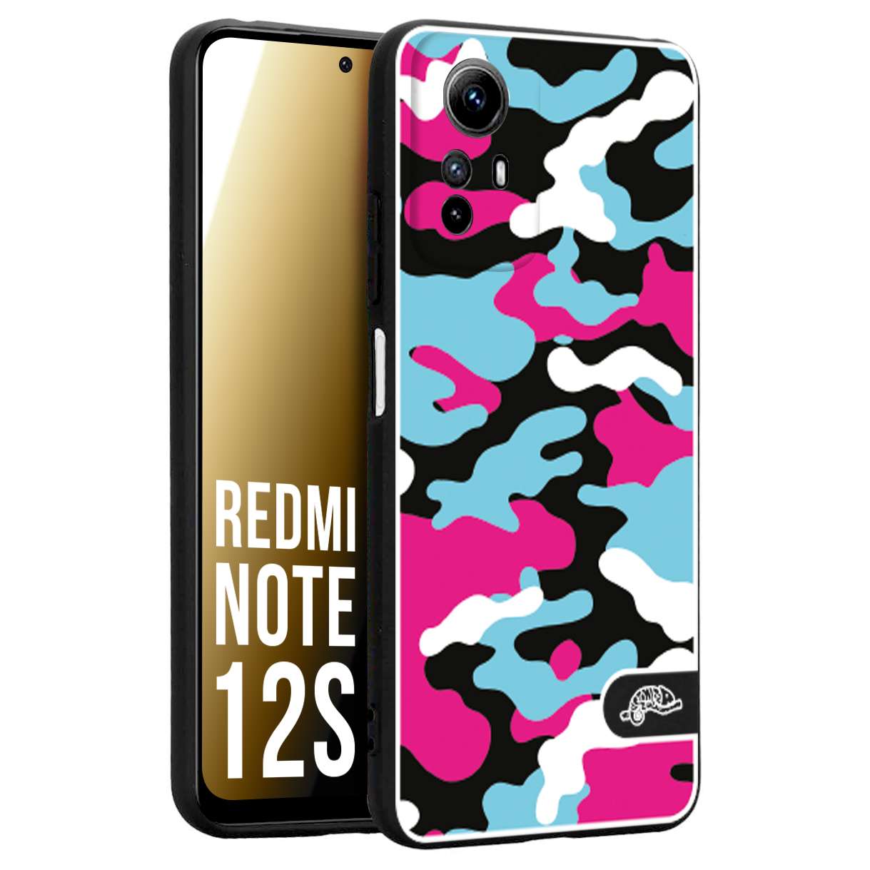 CUSTOMIZZA - Custodia cover nera morbida in tpu compatibile per Xiaomi Redmi Note 12S camouflage mimetico militare fucsia celeste