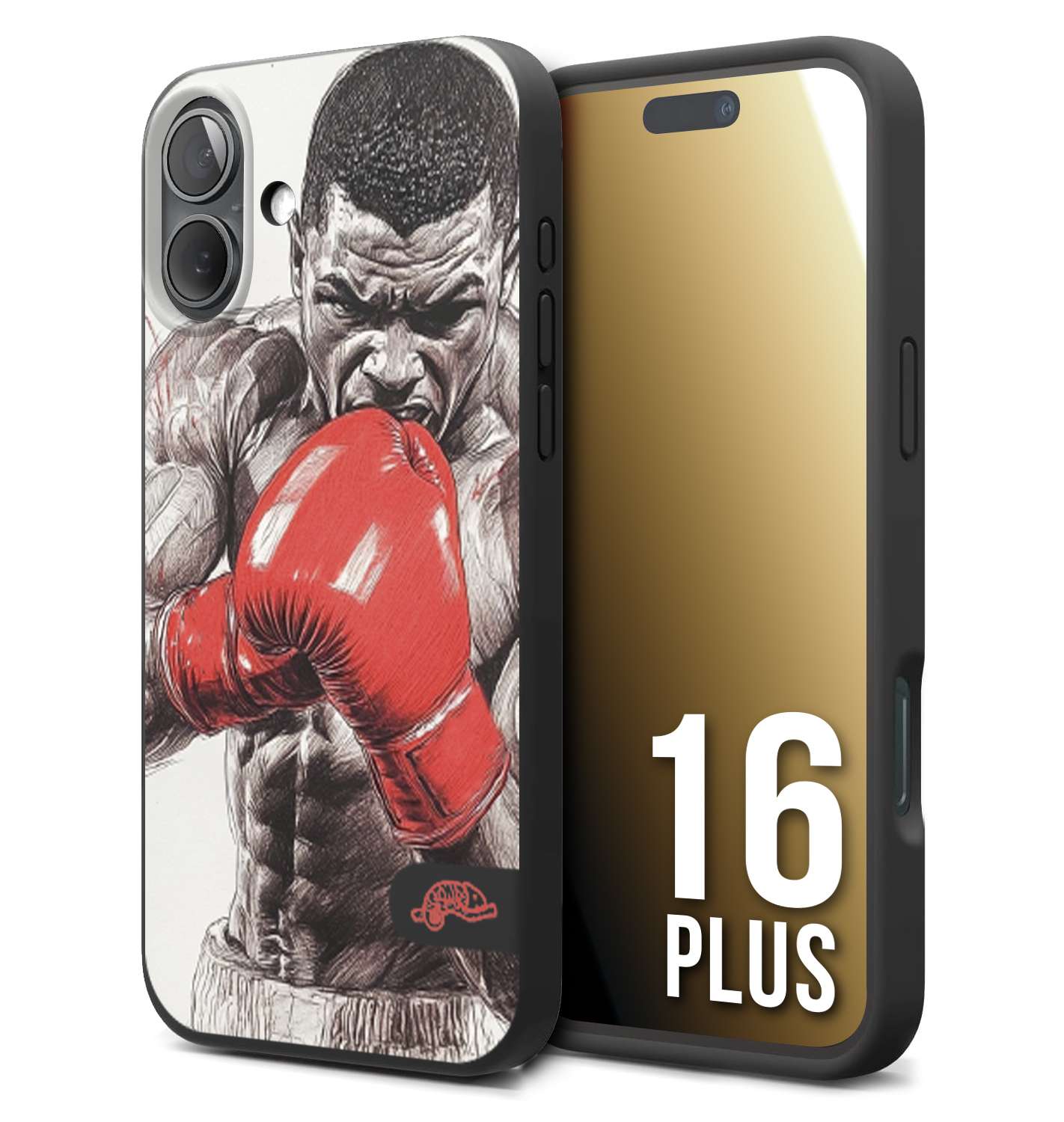 CUSTOMIZZA - Custodia cover nera morbida in tpu compatibile per iPhone 16 PLUS pugilato pugili disegno tattoo guantoni box pesi massimi gancio