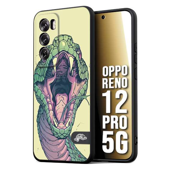 CUSTOMIZZA - Custodia cover nera morbida in tpu compatibile per Oppo Reno 12 PRO 5G snake yellow green serpente tatuaggio tattoo disegnato a mano