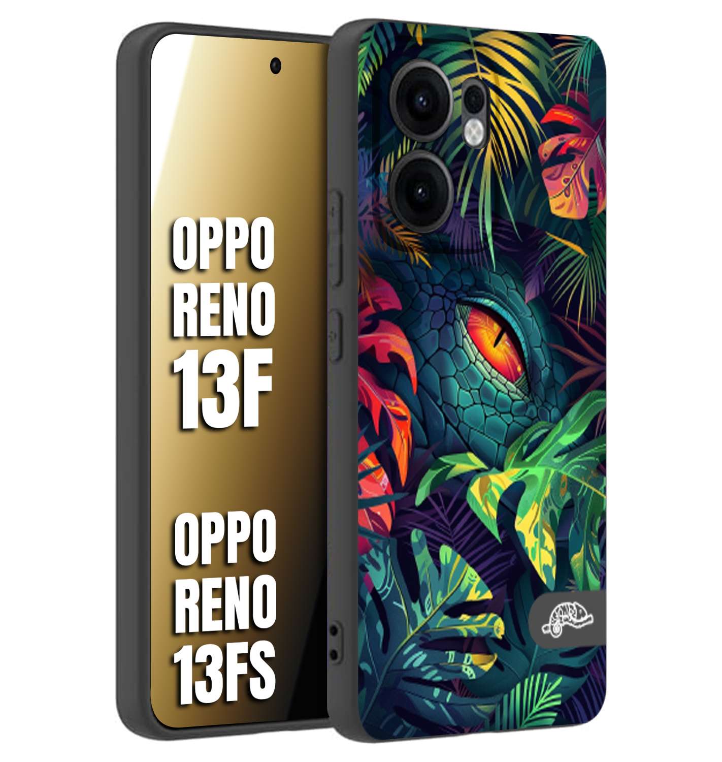 CUSTOMIZZA - Custodia cover nera morbida in tpu compatibile per Oppo Reno 13 F animali color giungla tropicale occhio di coccodrillo alligatore disegnato