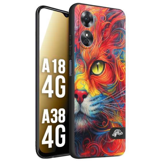 CUSTOMIZZA - Custodia cover nera morbida in tpu compatibile per Oppo A18 4G - A38 4G animali color cat gatto viso colori vibranti disegnato schizzo