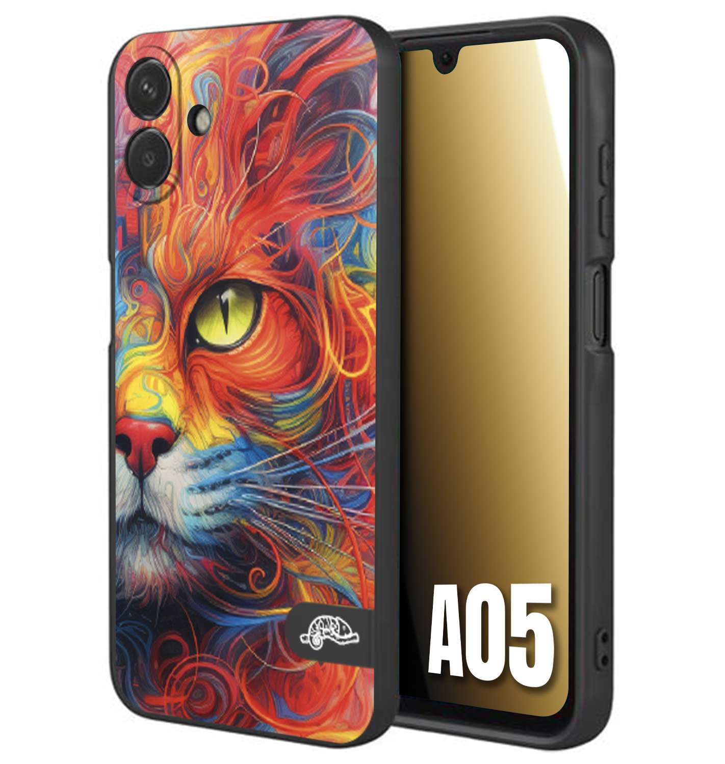 CUSTOMIZZA - Custodia cover nera morbida in tpu compatibile per Samsung A05 animali color cat gatto viso colori vibranti disegnato schizzo