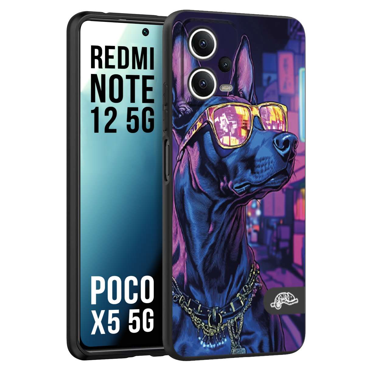 CUSTOMIZZA - Custodia cover nera morbida in tpu compatibile per Xiaomi Redmi Note 12 5G - POCO X5 5G animali cyberpunk dobermann cane street dog fucsia blu night