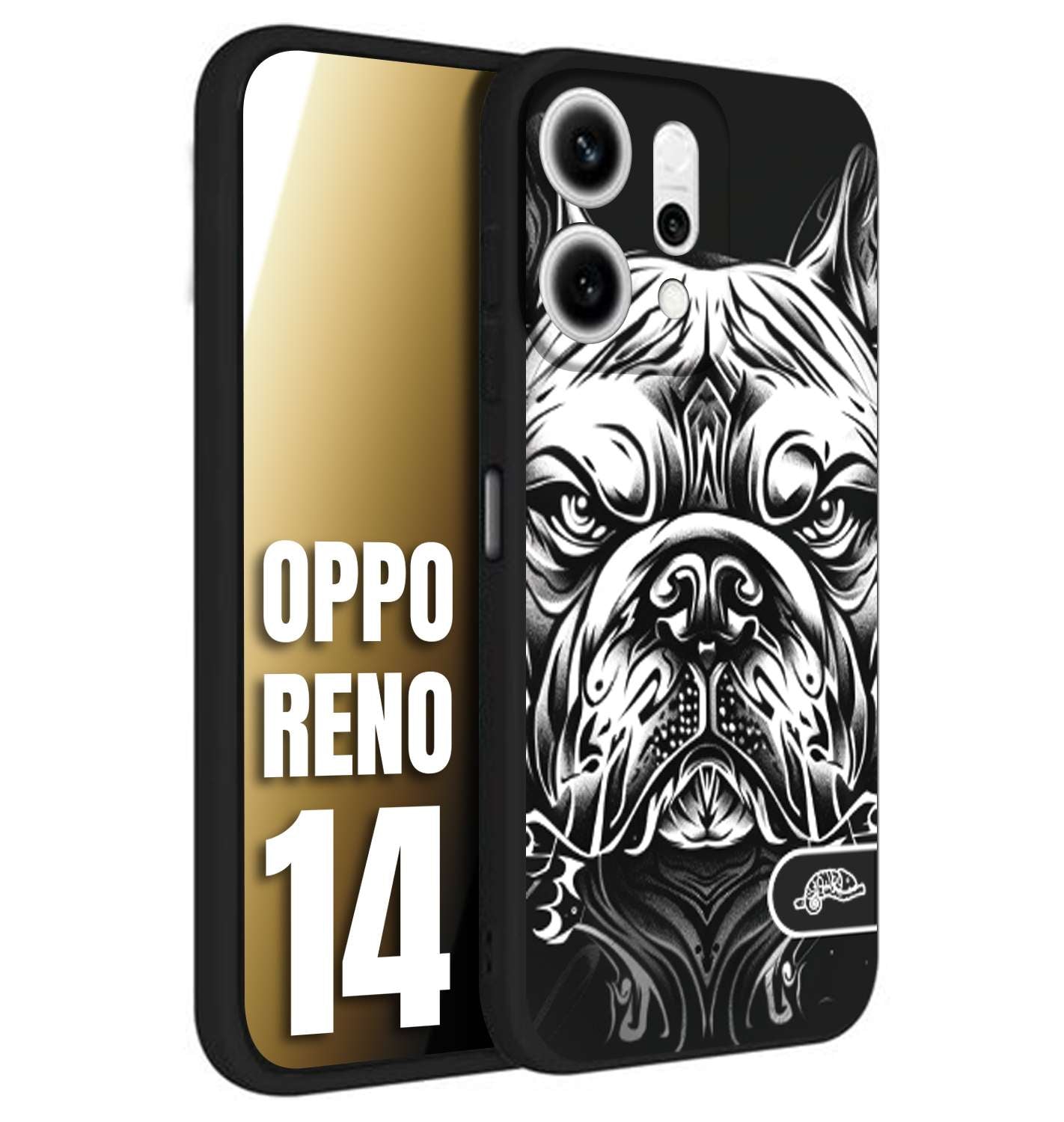 CUSTOMIZZA - Custodia cover nera morbida in tpu compatibile per Oppo Reno 14 bulldog bianco a rilievo disegnato tattoo tatuaggio
