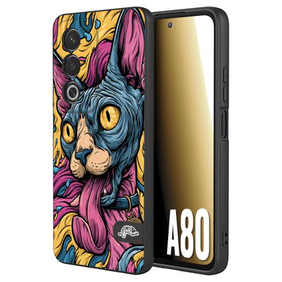 CUSTOMIZZA - Custodia cover nera morbida in tpu compatibile per Oppo A80 Sphynx Colorato Pop Art Psichedelico Gatto Blu Rosa Giallo Artistica Fantasy