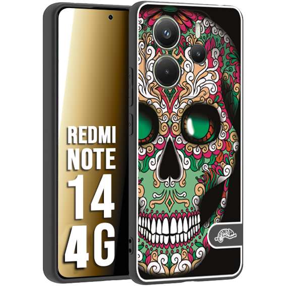 CUSTOMIZZA - Custodia cover nera morbida in tpu compatibile per Xiaomi Redmi Note 14 4G teschio messicano Mexican skull verde fucsia