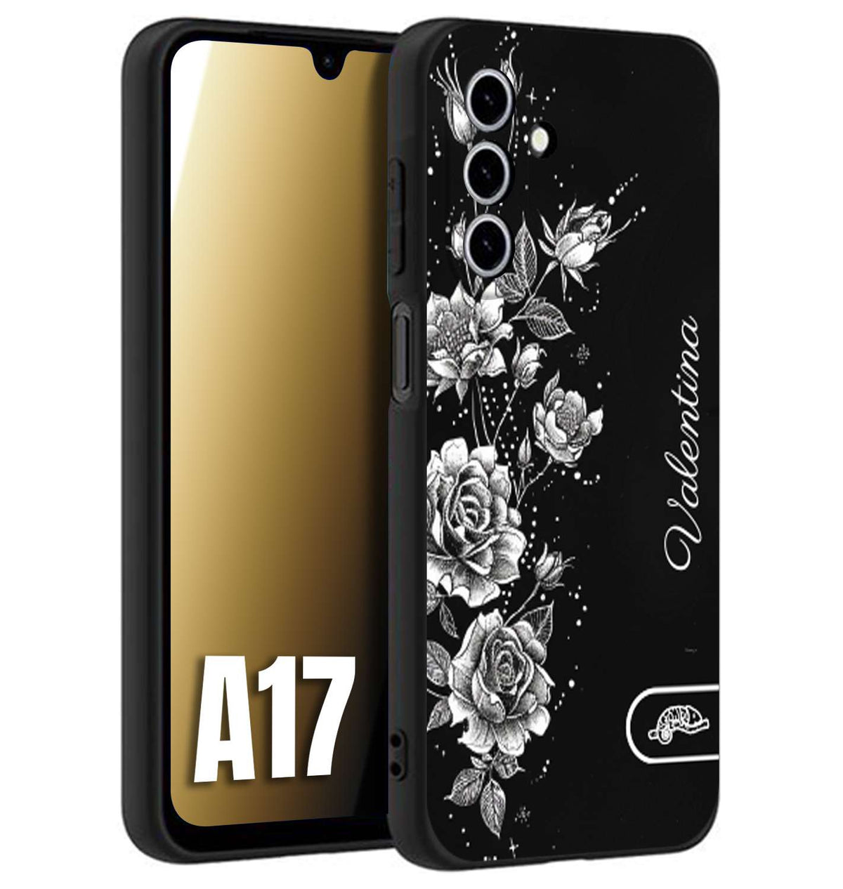 CUSTOMIZZA - Custodia cover nera morbida in tpu compatibile per Samsung A17 personalizzata rilievo soft touch nome rose fiori donna