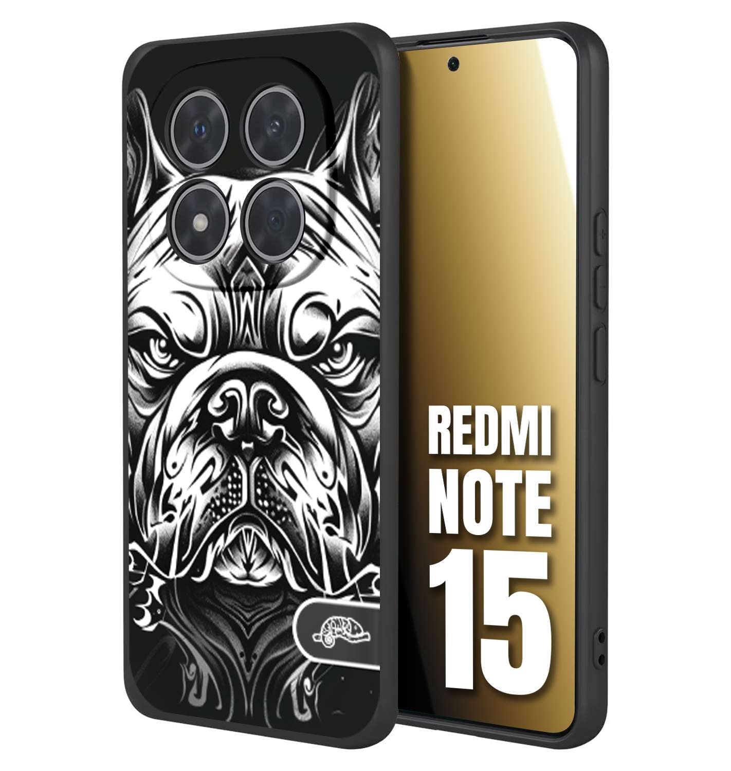 CUSTOMIZZA - Custodia cover nera morbida in tpu compatibile per Xiaomi Redmi Note 15 bulldog bianco a rilievo disegnato tattoo tatuaggio