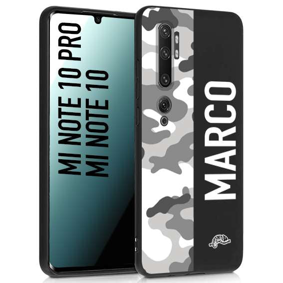CUSTOMIZZA - Custodia cover nera morbida in tpu compatibile per Xiaomi Mi Note 10 - Mi Note 10 Pro camouflage mimetico militare personalizzata nome bianco