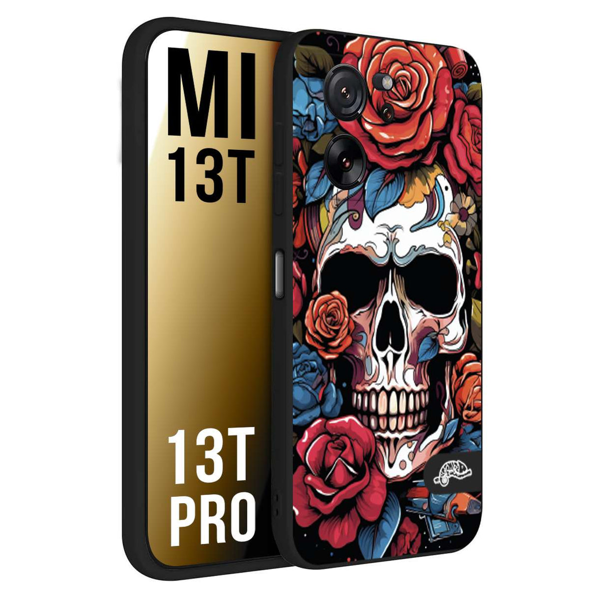 CUSTOMIZZA - Custodia cover nera morbida in tpu compatibile per Xiaomi 13T - 13T PRO teschio skull flowers fiori rose rosse tattoo disegnato