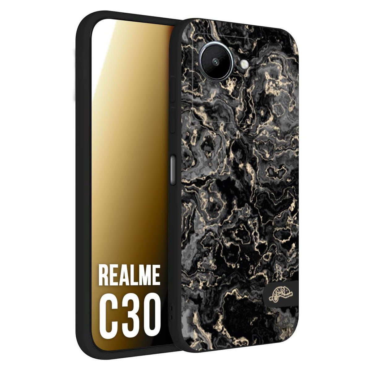CUSTOMIZZA - Custodia cover nera morbida in tpu compatibile per Realme C30 effetto marmo marble nero black venature dorato pietra