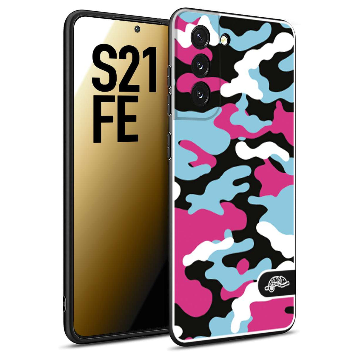 CUSTOMIZZA - Custodia cover nera morbida in tpu compatibile per Samsung S21 FE camouflage mimetico militare fucsia celeste