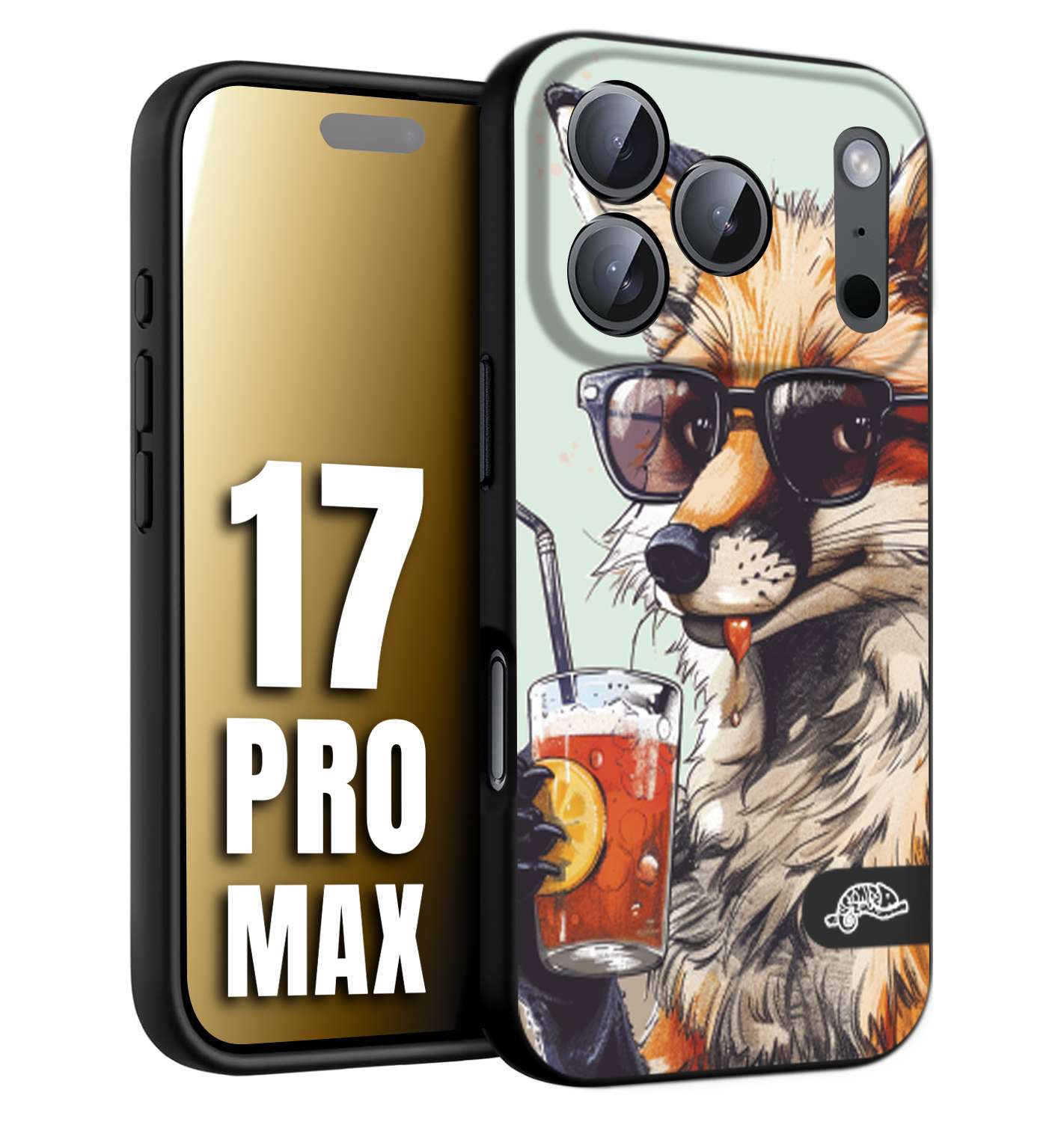 CUSTOMIZZA - Custodia cover nera morbida in tpu compatibile per iPhone 17 PRO MAX estate disegnata cocktails animali simpatici fox volpe negroni