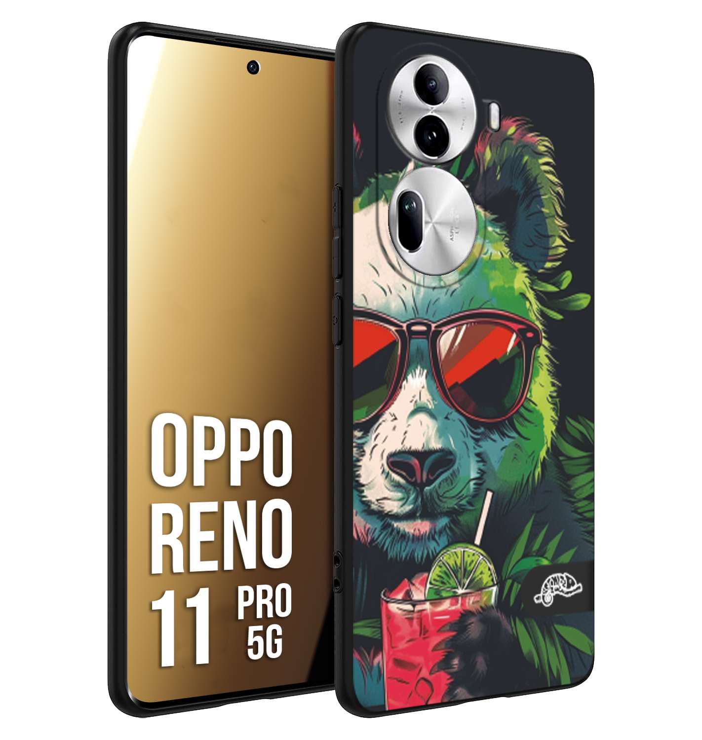 CUSTOMIZZA - Custodia cover nera morbida in tpu compatibile per Oppo Reno 11 PRO 5G estate disegnata cocktails animali simpatici panda mojito