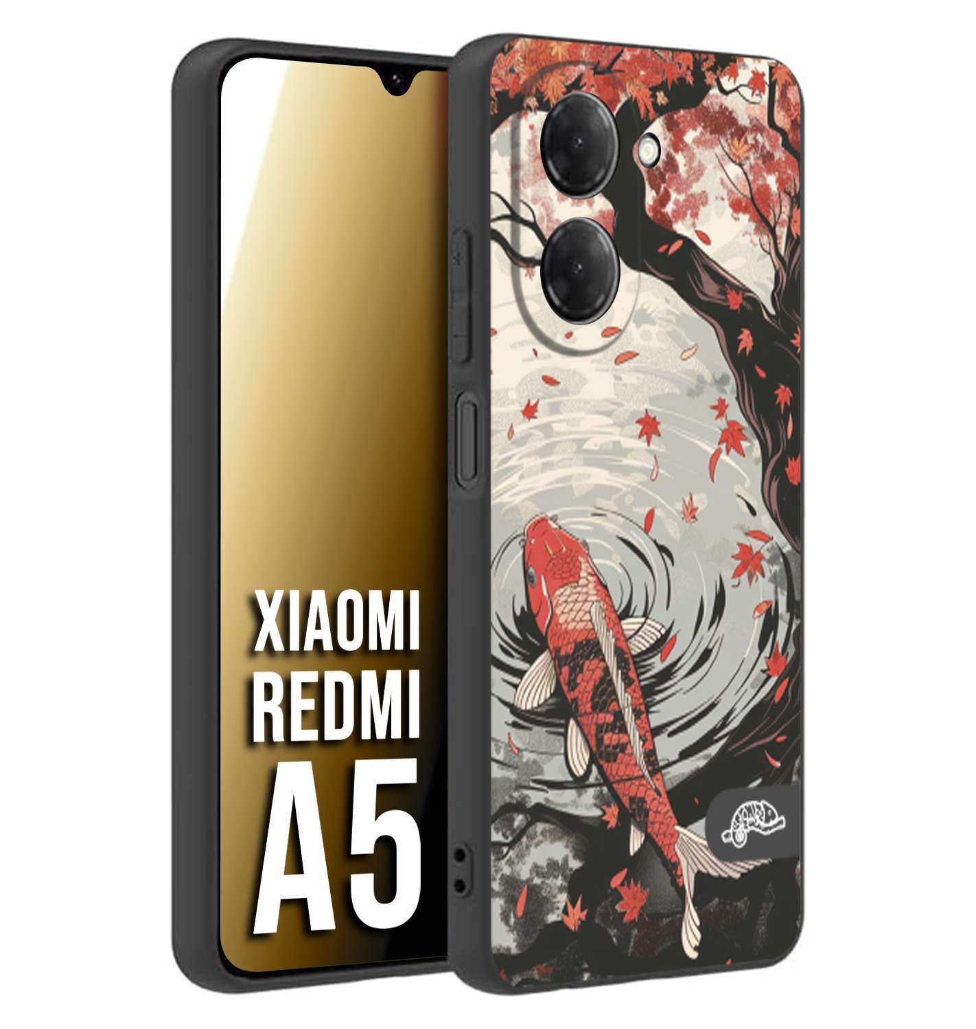 CUSTOMIZZA - Custodia cover nera morbida in tpu compatibile per Xiaomi Redmi A5 giapponese lago carpa koi rossa con foglie d'acero rosso disegnata tattoo