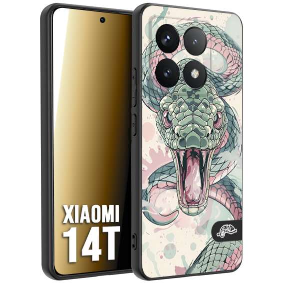 CUSTOMIZZA - Custodia cover nera morbida in tpu compatibile per Xiaomi 14T snake pink green serpente tatuaggio tattoo disegnato a mano