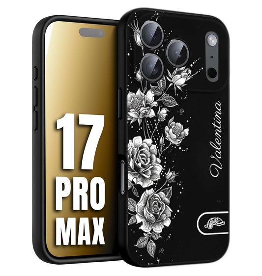 CUSTOMIZZA - Custodia cover nera morbida in tpu compatibile per iPhone 17 PRO MAX personalizzata rilievo soft touch nome rose fiori donna