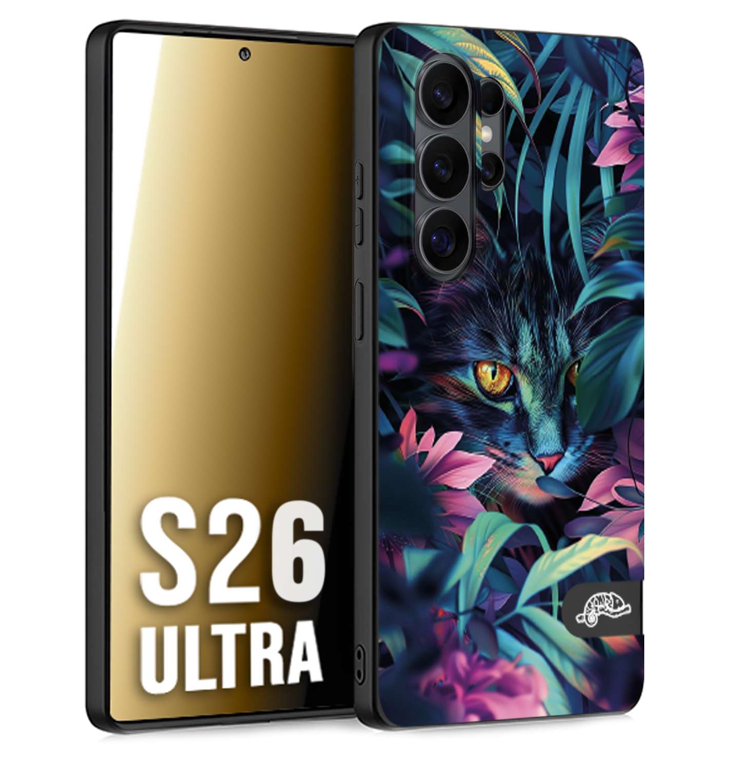 CUSTOMIZZA - Custodia cover nera morbida in tpu compatibile per Samsung S26 ULTRA animali color giungla tropicale occhio di gatto colori vibranti disegnato