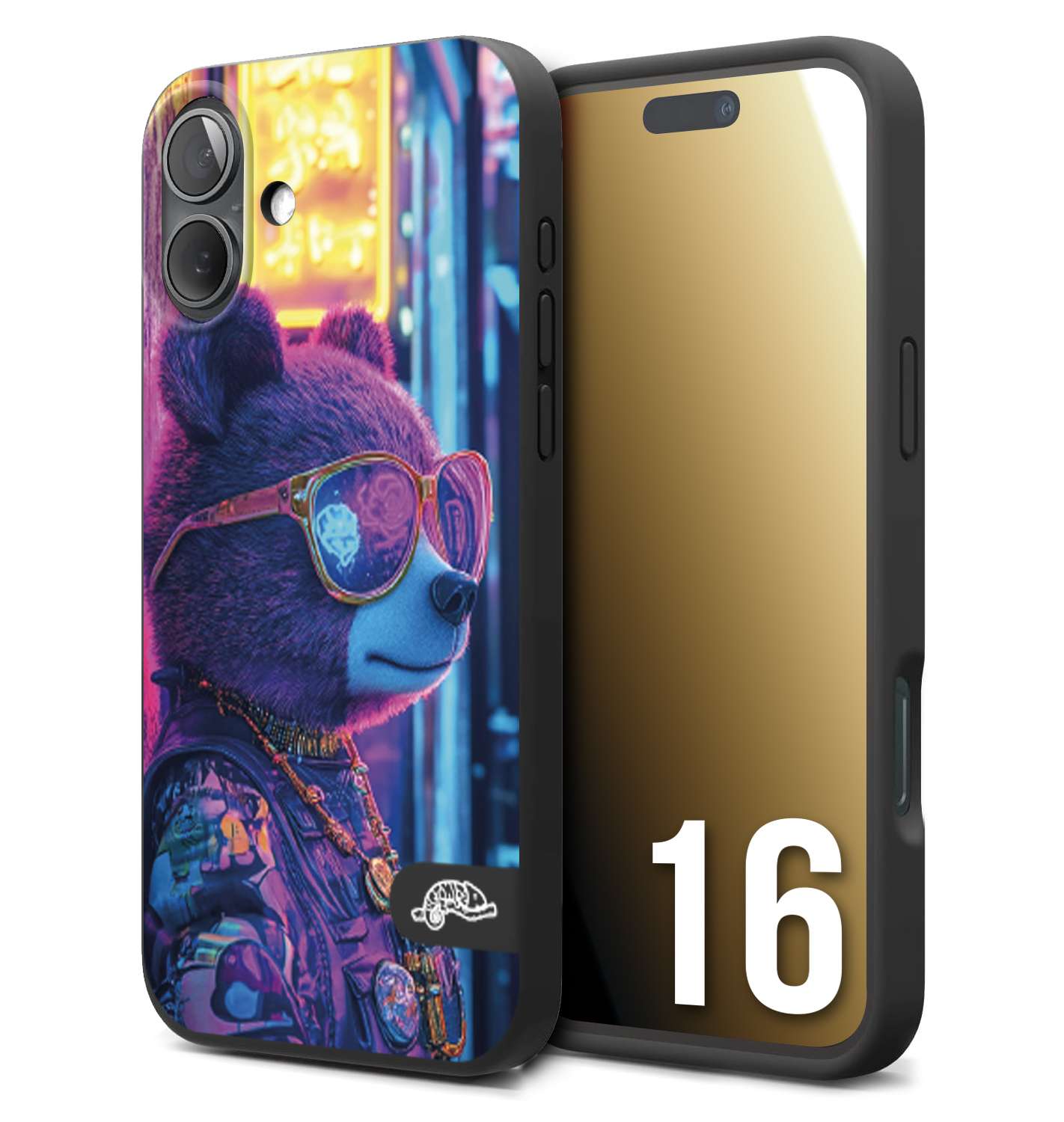 CUSTOMIZZA - Custodia cover nera morbida in tpu compatibile per iPhone 16 animali cyberpunk orsetto orso street bear fucsia blu night