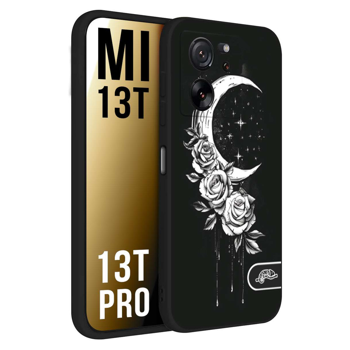 CUSTOMIZZA - Custodia cover nera morbida in tpu compatibile per Xiaomi 13T - 13T PRO luna e fiori moon flowers black and white bianco a rilievo disegnato