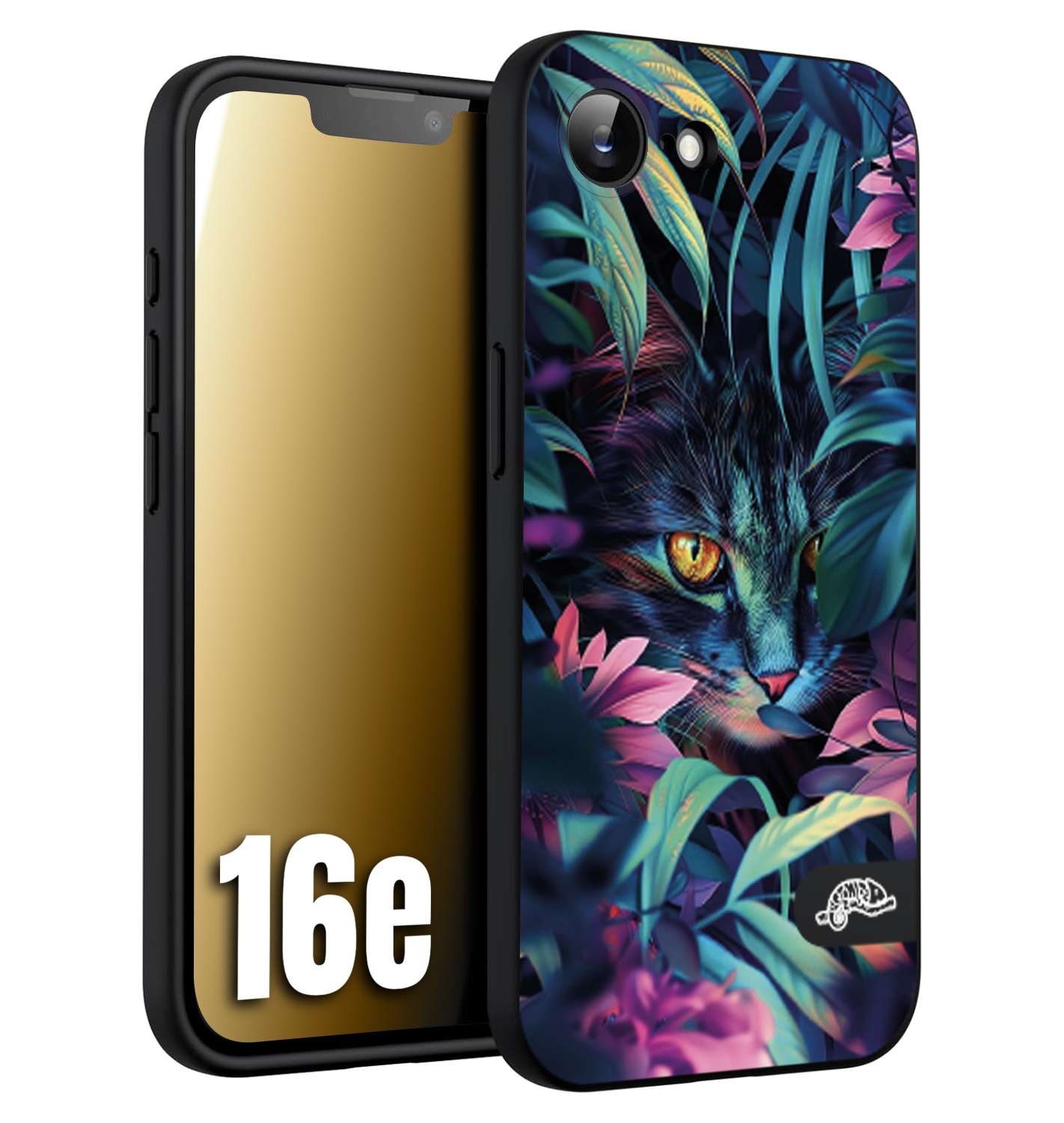 CUSTOMIZZA - Custodia cover nera morbida in tpu compatibile per iPhone 16E animali color giungla tropicale occhio di gatto colori vibranti disegnato
