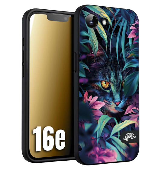 CUSTOMIZZA - Custodia cover nera morbida in tpu compatibile per iPhone 16E animali color giungla tropicale occhio di gatto colori vibranti disegnato