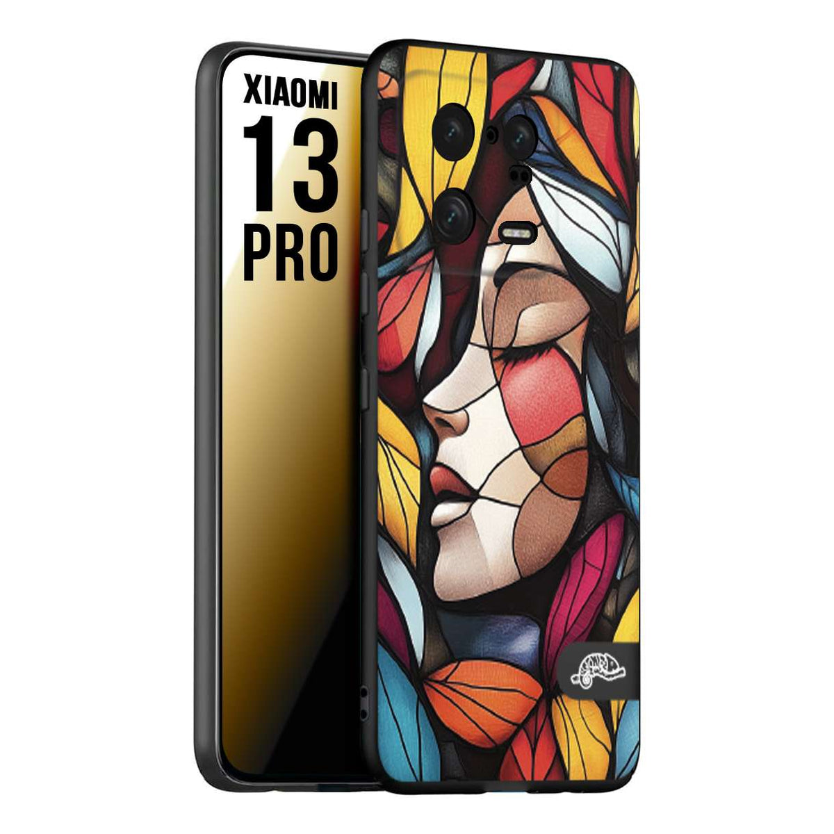 CUSTOMIZZA - Custodia cover nera morbida in tpu compatibile per Xiaomi 13 PRO Vetrata artistica volto di donna profilo fogliare mosaico di vetro colorato