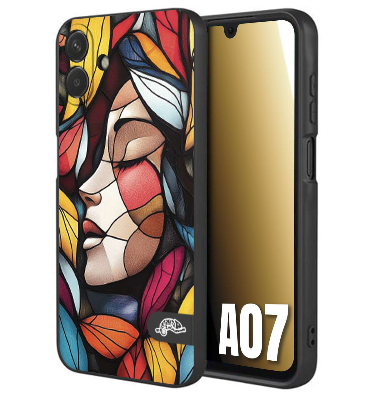 CUSTOMIZZA - Custodia cover nera morbida in tpu compatibile per Samsung A07 Vetrata artistica volto di donna profilo fogliare mosaico di vetro colorato