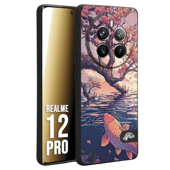 CUSTOMIZZA - Custodia cover nera morbida in tpu compatibile per Realme 12 PRO giapponese lago carpa koi rosa con foglie d'acero disegnata tattoo