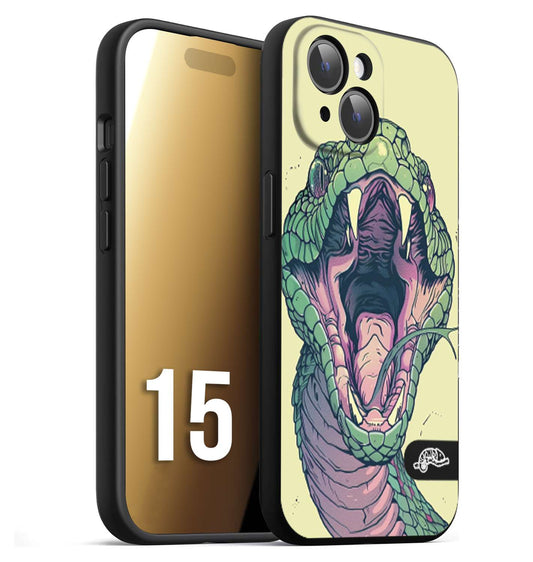 CUSTOMIZZA - Custodia cover nera morbida in tpu compatibile per iPhone 15 snake yellow green serpente tatuaggio tattoo disegnato a mano