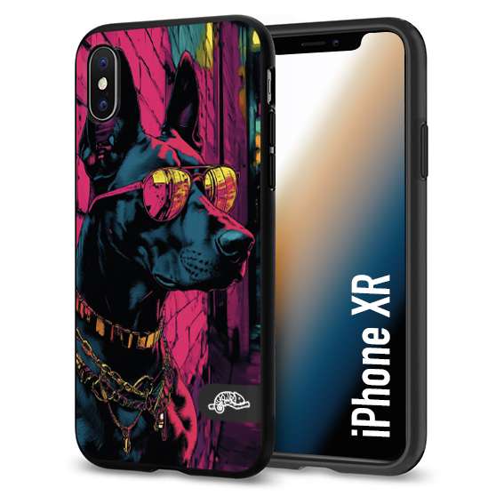 CUSTOMIZZA - Custodia cover nera morbida in tpu compatibile per iPhone Xr animali cyberpunk dobermann cane street dog fucsia blu