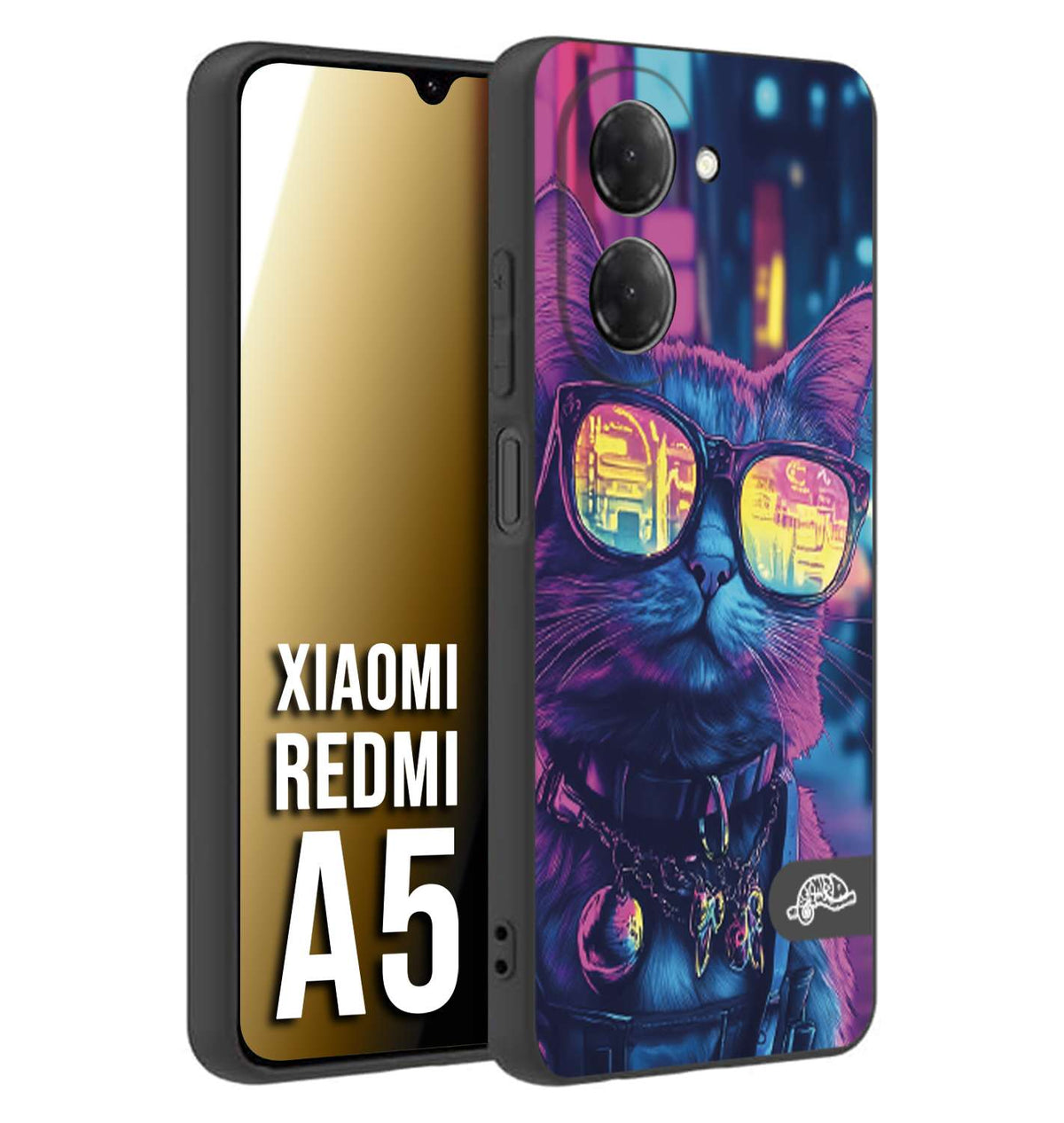 CUSTOMIZZA - Custodia cover nera morbida in tpu compatibile per Xiaomi Redmi A5 animali cyberpunk gatto street cat fucsia blu giallo