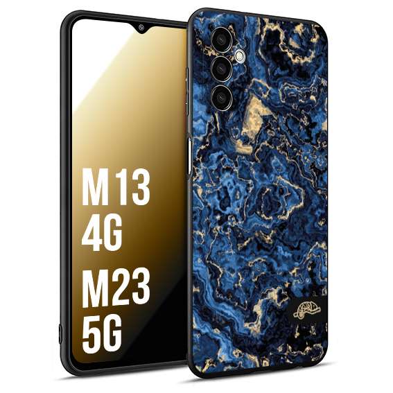 CUSTOMIZZA - Custodia cover nera morbida in tpu compatibile per Samsung M13 4G - M23 5G effetto marmo marble blu venature dorato psichedelico