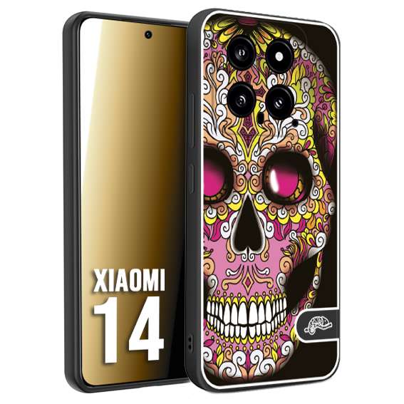 CUSTOMIZZA - Custodia cover nera morbida in tpu compatibile per Xiaomi 14 teschio messicano Mexican skull rosa gialla