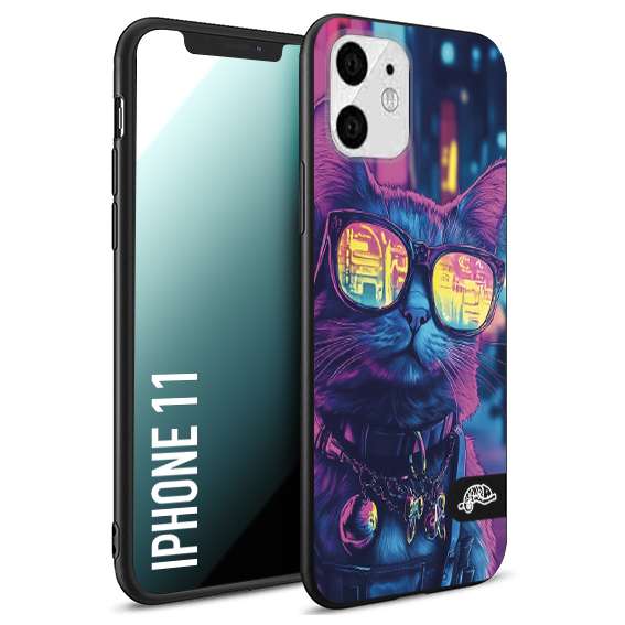 CUSTOMIZZA - Custodia cover nera morbida in tpu compatibile per iPhone 11 animali cyberpunk gatto street cat fucsia blu giallo