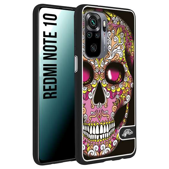 CUSTOMIZZA - Custodia cover nera morbida in tpu compatibile per Xiaomi Redmi Note 10 teschio messicano Mexican skull rosa gialla