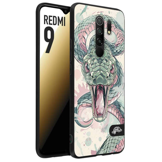 CUSTOMIZZA - Custodia cover nera morbida in tpu compatibile per Xiaomi Redmi 9 snake pink green serpente tatuaggio tattoo disegnato a mano