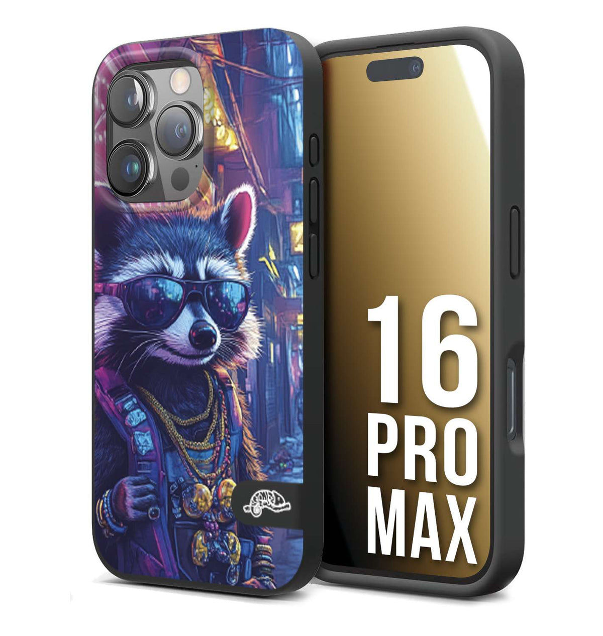 CUSTOMIZZA - Custodia cover nera morbida in tpu compatibile per iPhone 16 PRO MAX animali simpatici cyberpunk procione racoon street cat fucsia blu giallo