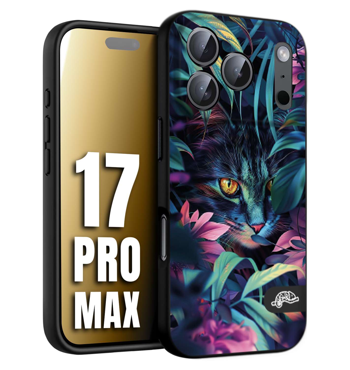 CUSTOMIZZA - Custodia cover nera morbida in tpu compatibile per iPhone 17 PRO MAX animali color giungla tropicale occhio di gatto colori vibranti disegnato