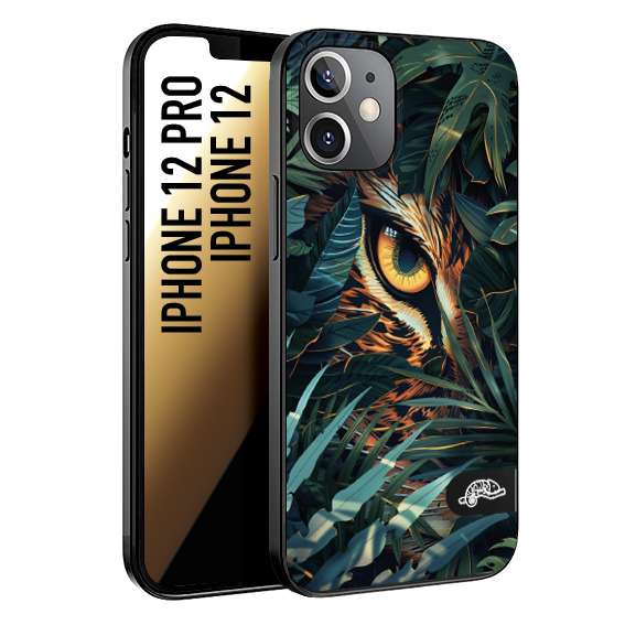 CUSTOMIZZA - Custodia cover nera morbida in tpu compatibile per iPhone 12 - 12 PRO animali color giungla tropicale occhio di giaguaro felino disegnato
