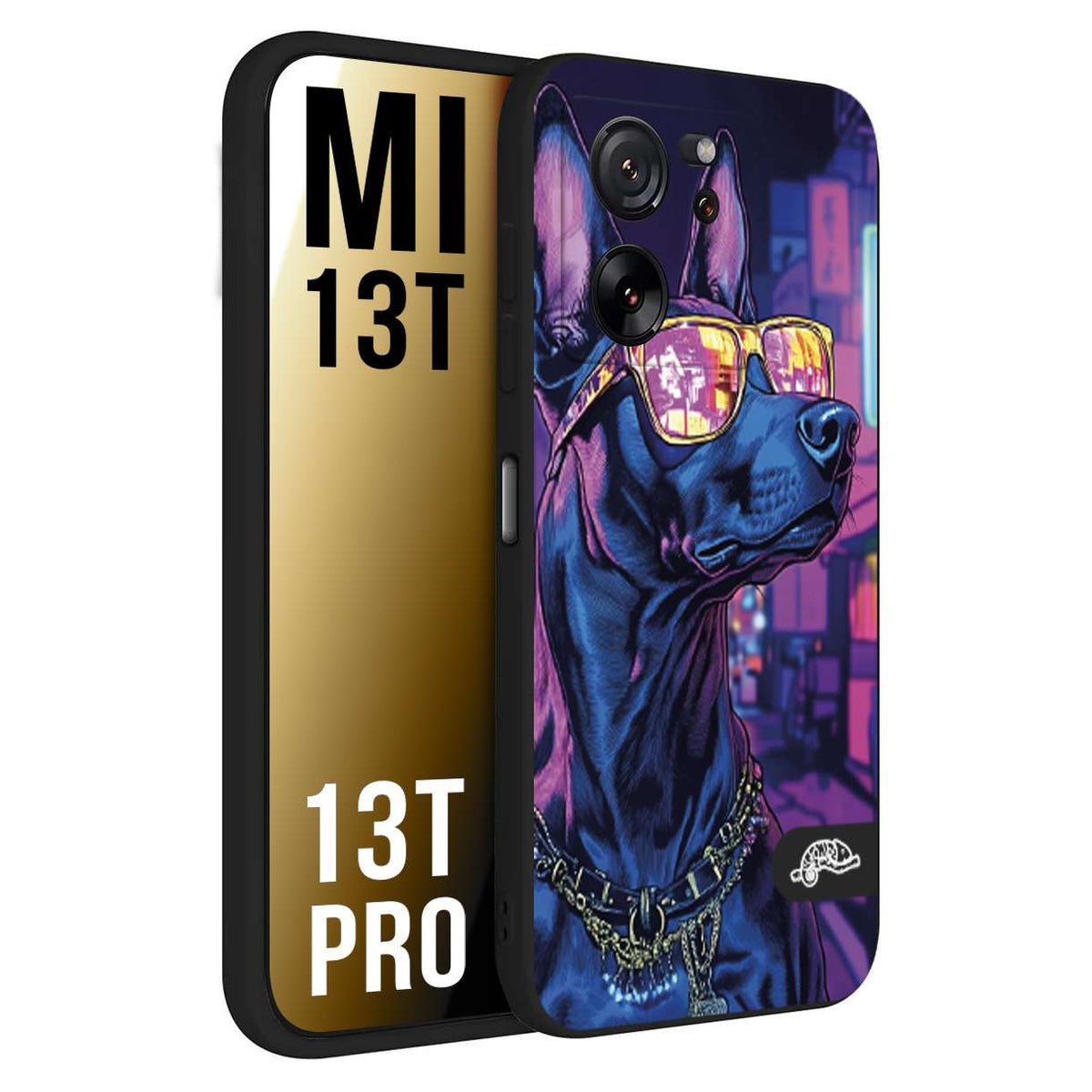CUSTOMIZZA - Custodia cover nera morbida in tpu compatibile per Xiaomi 13T - 13T PRO animali cyberpunk dobermann cane street dog fucsia blu night