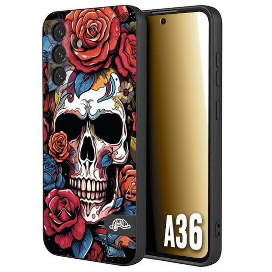 CUSTOMIZZA - Custodia cover nera morbida in tpu compatibile per Samsung A36 teschio skull flowers fiori rose rosse tattoo disegnato