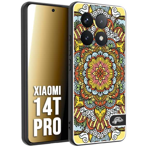 CUSTOMIZZA - Custodia cover nera morbida in tpu compatibile per Xiaomi 14T PRO mandala colorato fiore nuvole arancione
