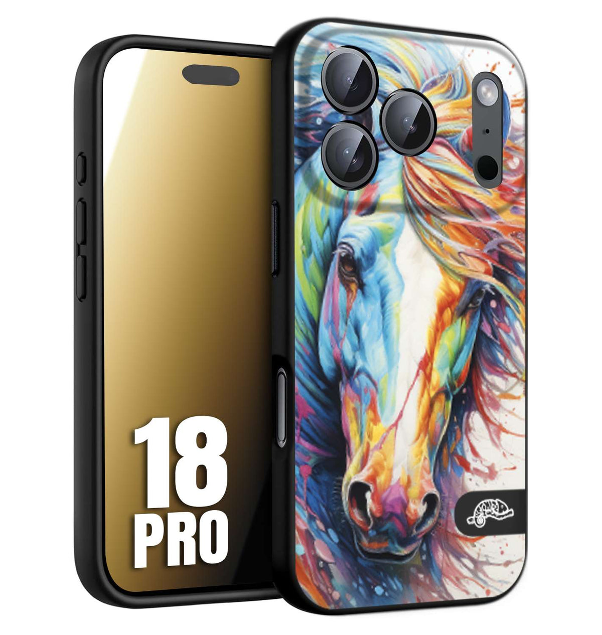 CUSTOMIZZA - Custodia cover nera morbida in tpu compatibile per iPhone 18 PRO animali color cavallo horse viso colori vibranti disegnato schizzo