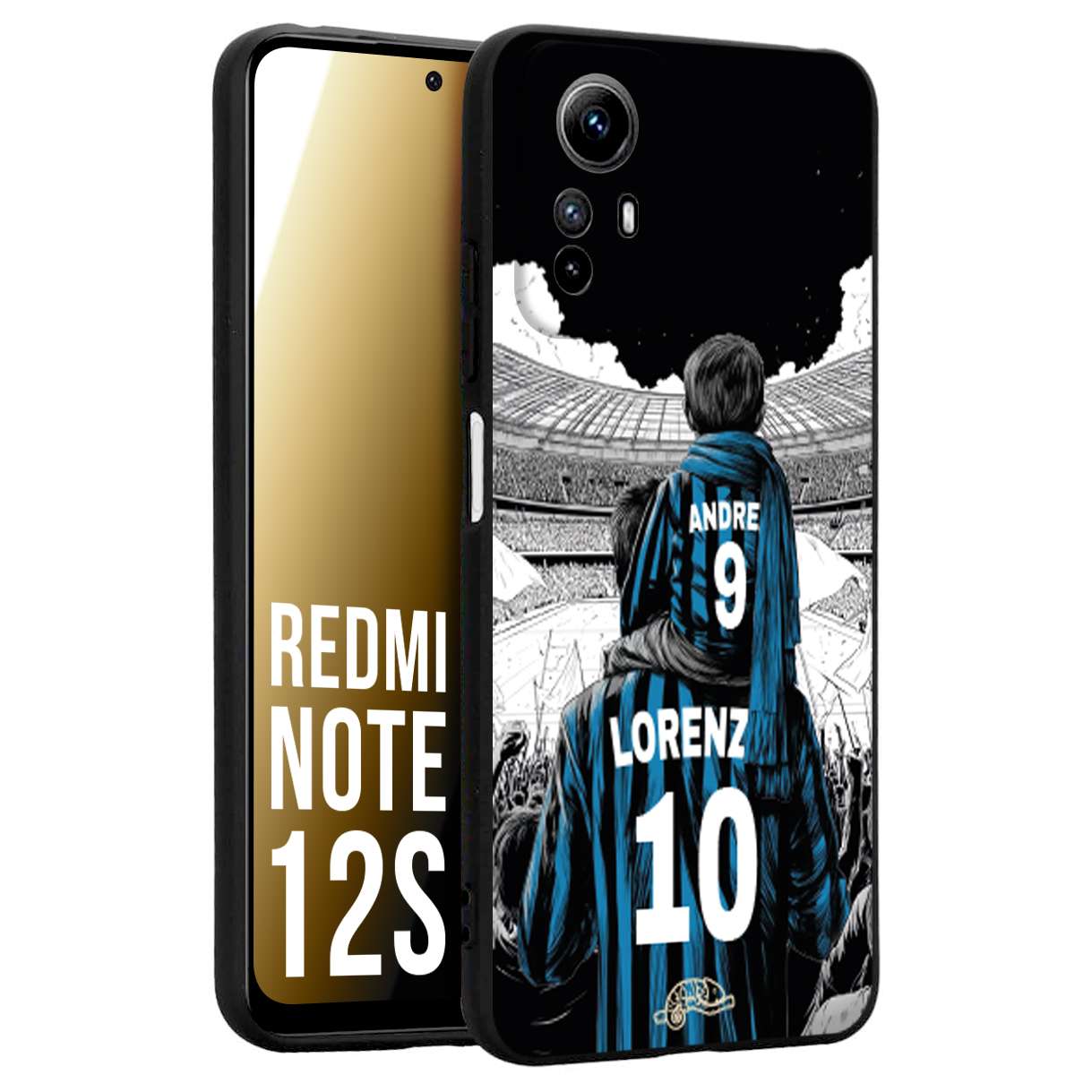 CUSTOMIZZA - Custodia cover nera morbida in tpu compatibile per Xiaomi Redmi Note 12S personalizzata calcio football padre e figlio calciatori nerazzurra