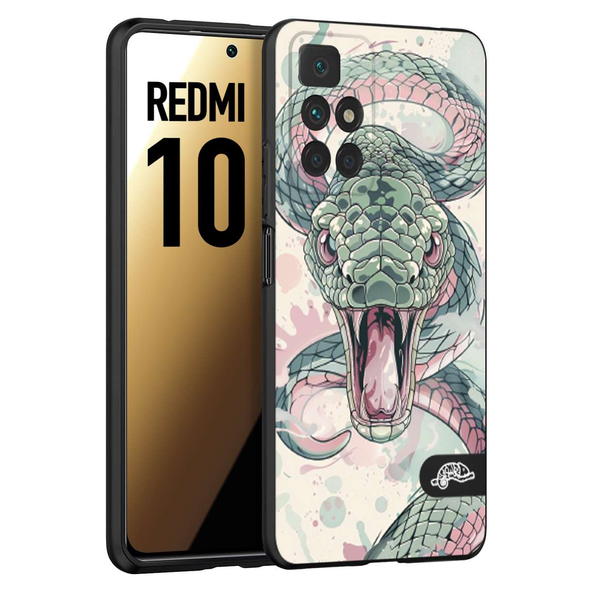 CUSTOMIZZA - Custodia cover nera morbida in tpu compatibile per Xiaomi Redmi 10 snake pink green serpente tatuaggio tattoo disegnato a mano