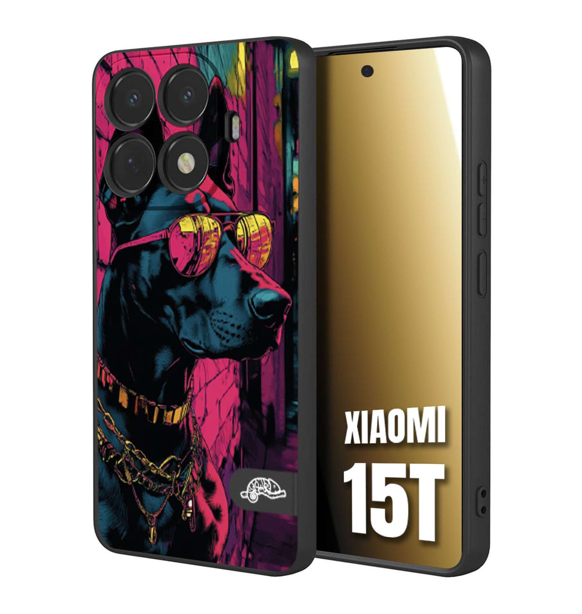 CUSTOMIZZA - Custodia cover nera morbida in tpu compatibile per Xiaomi 15T animali cyberpunk dobermann cane street dog fucsia blu