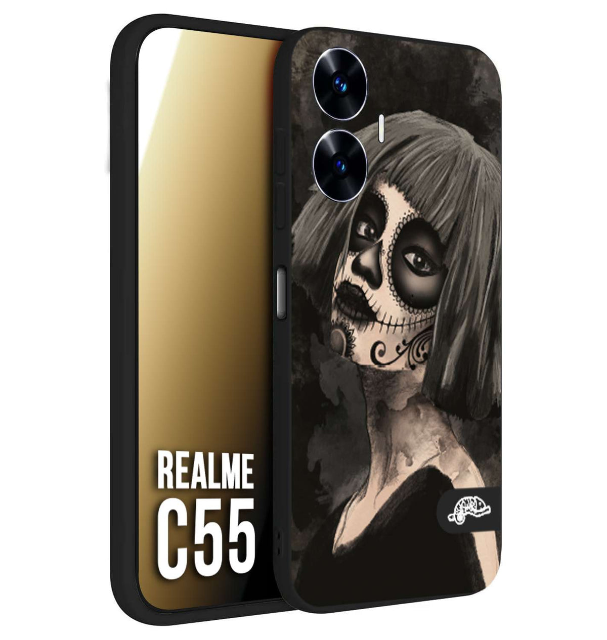 CUSTOMIZZA - Custodia cover nera morbida in tpu compatibile per Realme C55 chicana messicana dea de la muerte donna santa tattoo disegnata